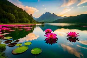 the beautiful landscape of the lake with pink lotus flowers and mountain reflection. AI-Generated photo