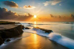 the sun rises over the ocean and waves. AI-Generated photo
