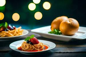 espaguetis y francés papas fritas en un de madera mesa. generado por ai foto