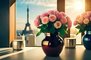 pink roses in vases on a windowsill with the eiffel tower in the background. AI-Generated photo