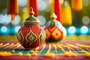 colorful vases on a table with colorful beads. AI-Generated photo