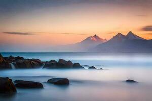 a long exposure photograph of a mountain range at sunset. AI-Generated photo