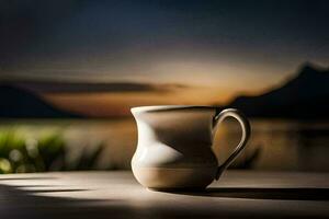 a coffee cup sitting on a table in front of a lake. AI-Generated photo