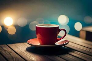 a red cup of coffee on a wooden table. AI-Generated photo