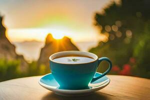 a cup of coffee on a table in front of a beautiful sunset. AI-Generated photo