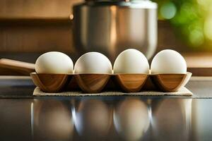 cinco huevos en un bandeja en un encimera. generado por ai foto