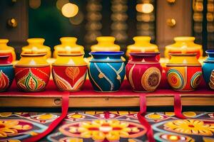 colorful vases lined up on a table with lights. AI-Generated photo