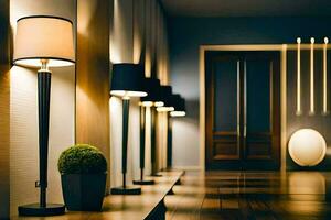 a hallway with lamps and a potted plant. AI-Generated photo