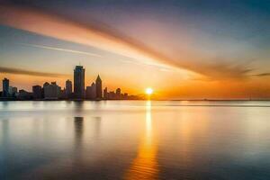 the sun rises over the city skyline in this photo. AI-Generated photo