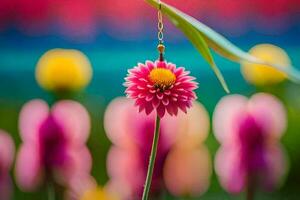 a pink flower is hanging from a string. AI-Generated photo