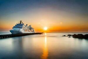 un crucero Embarcacion atracado a el final de un muelle a puesta de sol. generado por ai foto