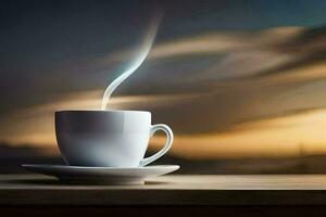 a cup of coffee on a table with a sunset in the background. AI-Generated photo