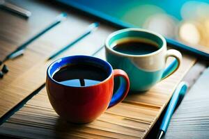 two coffee cups on a table with a pen and a notebook. AI-Generated photo