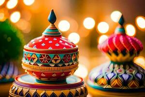 colorful diyas on a table with lights. AI-Generated photo