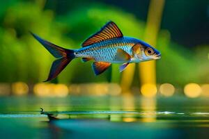 un pescado es volador terminado agua en el oscuro. generado por ai foto