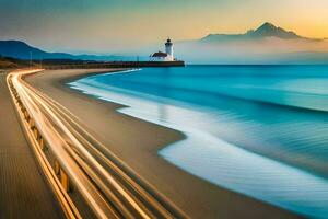a long exposure photograph of a lighthouse and a beach at sunset. AI-Generated photo