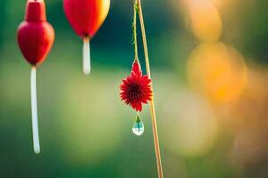 red flowers hanging from a string. AI-Generated photo