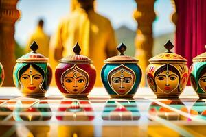 a row of colorful painted jars with faces on them. AI-Generated photo