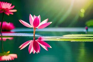 rosado loto flor en el agua con verde hojas. generado por ai foto