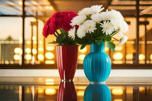 two vases with flowers on a table. AI-Generated photo