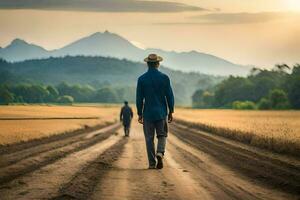 dos hombres caminando abajo un suciedad la carretera en el medio de un campo. generado por ai foto