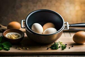 eggs in a pot on a cutting board. AI-Generated photo