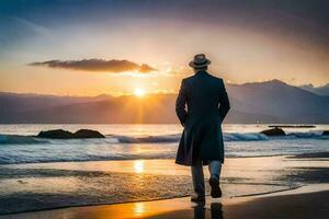 a man in a hat and coat walking on the beach at sunset. AI-Generated photo