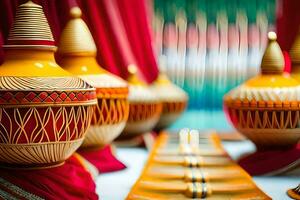 a table with many colorful vases on it. AI-Generated photo