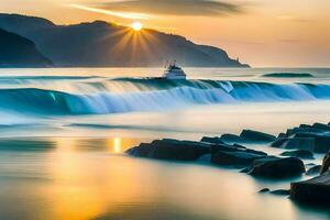 un barco es navegación en el Oceano a puesta de sol. generado por ai foto