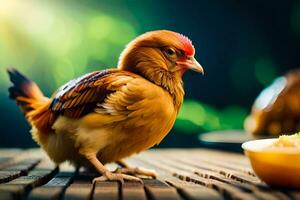 a chicken is standing on a table with a bowl of food. AI-Generated photo