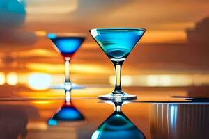 two martini glasses with colorful drinks on a table. AI-Generated photo