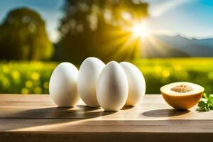 eggs on a table with a slice of melon. AI-Generated photo