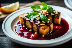 a plate with a slice of bread and sauce. AI-Generated photo
