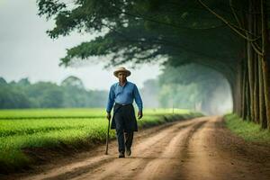 an old man walking down a dirt road. AI-Generated photo