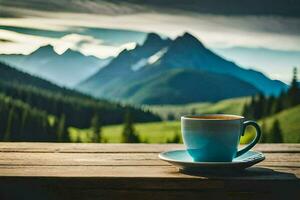 café taza en el mesa en el montañas. generado por ai foto