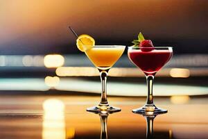 two cocktails on a table with blurred background. AI-Generated photo