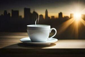 café taza en el mesa con ciudad en el antecedentes. generado por ai foto