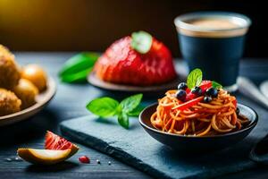 spaghetti with tomato sauce, fresh basil and fresh berries. AI-Generated photo
