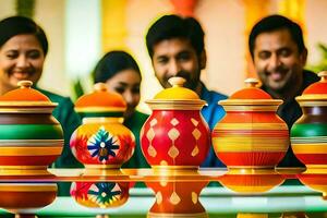 a group of people are looking at colorful pots. AI-Generated photo