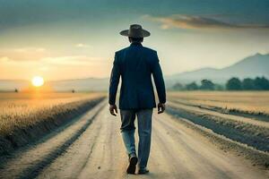 man in suit walking on dirt road at sunset. AI-Generated photo