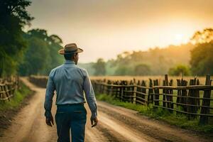 a man in a hat walks down a dirt road. AI-Generated photo