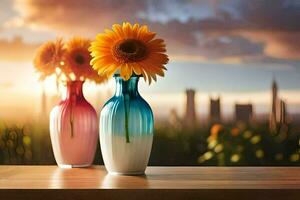 sunflowers in vases on a table with city in the background. AI-Generated photo