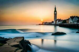 a sunset over the ocean with a clock tower in the background. AI-Generated photo