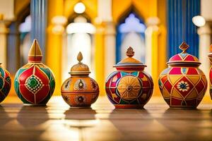 a row of colorful vases lined up on a wooden floor. AI-Generated photo