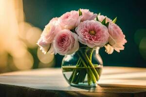 pink flowers in a vase on a table. AI-Generated photo