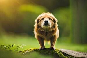 un perro en pie en parte superior de un rock en el medio de un campo. generado por ai foto