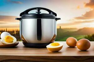 an electric pressure cooker with eggs and an egg on a table. AI-Generated photo