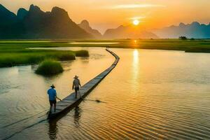 two people walking on a wooden bridge over a river. AI-Generated photo