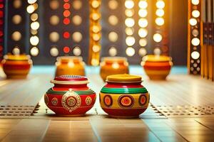 two colorful pots sit on a wooden floor. AI-Generated photo