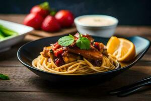 chicken and noodles in a bowl with a lemon slice. AI-Generated photo